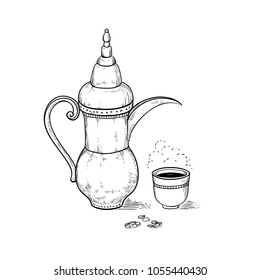 Arabic Vintage Coffeepot And Cup With A Hot Drink And A Flavored Vapor, Coffee Beans. Vector Sketch Drawing Engraving Style. Illustration Black And White Items Of The Ethiopian Coffee Ceremony.