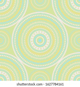 Arabic vintage motifs seamless pattern. Circle medallion mandala abstract tiles. Fabric print template. Fashion or interior pattern. Trendy circular seamless ornament. Henna mandala design.