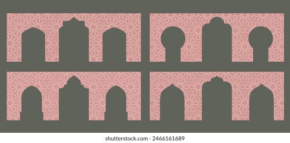 Arabic wall shapes set. Beige border with window, arc, door silhouette. Eastern vector illustrations for Ramadan, Wedding.