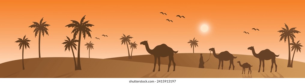 arabic web horizontal banner, camel and palm tree silhouette, desert view with beautiful sunlight, sunset, sunrise, islamic background template vector