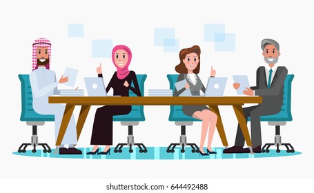 Arabic and Western Business people meeting at the big table. business teamwork and partnership concept. flat character design .Vector illustration