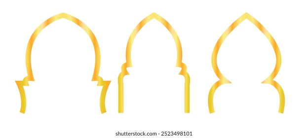 Arabic window or arch. Gold Set of mosque shape frames. Golden border vector illustration on transparent background