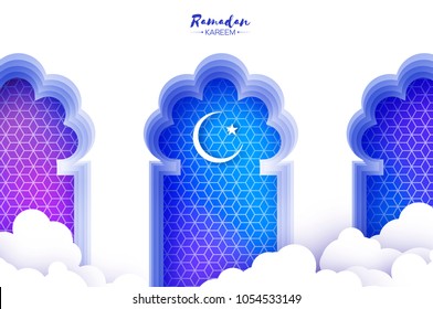 Arabic window arch in paper cut style. Origami Ramadan Kareem greeting cards. Arabesque pattern. Crescent Moon. Holy month of muslim. Symbol of Islam.