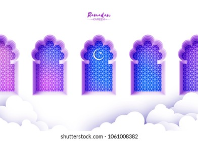 Arabic window arch in paper cut style. Origami Ramadan Kareem greeting cards. Arabesque pattern. Crescent Moon. Holy month of muslim. Symbol of Islam.