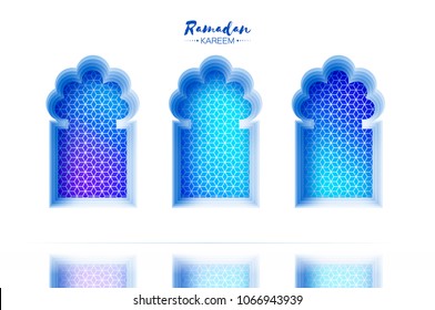 Arabic window arch in paper cut style. Origami Ramadan Kareem greeting cards. Arabesque pattern. Crescent Moon. Holy month of muslim. Symbol of Islam.