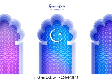 Arabic window arch in paper cut style. Origami Ramadan Kareem greeting cards. Arabesque pattern. Crescent Moon. Holy month of muslim. Symbol of Islam.