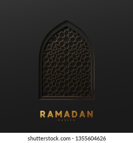 Arabic window design. Ramadan Kareem greeting card. black and gold wall texture Vector illustration 