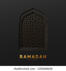 Arabic window design. Ramadan Kareem greeting card. black and gold wall texture Vector illustration 