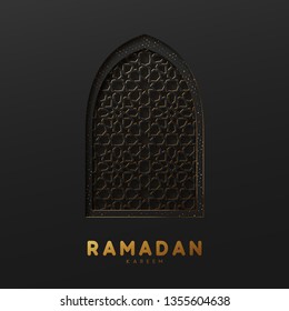 Arabic window design. Ramadan Kareem greeting card. black and gold wall texture Vector illustration 