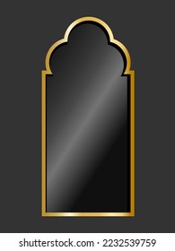 Arabic window door shape gold shiny glowing rectangle frame with golden  background. Golden luxury line