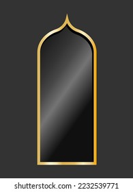 La puerta de la ventana árabe forma un marco rectangular brillante dorado con fondo dorado. Línea de lujo dorado