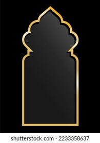 Arabic window door shape gold shiny glowing  frame with background. Golden luxury line