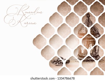 Arabic window. Hand drawn illustration of Moroccan lantern and plate with date fruit. Iftar dinner. Artistic vector illustration. Greeting card, invitation for Muslim holiday Ramadan Kareem. Vector.