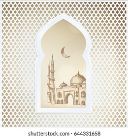 Arabic window with the hand drawn sketch of moon and the mosque. Greeting card, invitation for Muslim community holy month Ramadan Kareem. Vector illustration background.