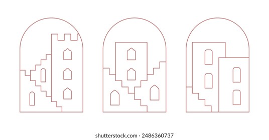 Paisaje de ventana árabe, vista a edificios, casas, escaleras. Modernos diseños de arco coloridos de Ramadán Mubarak.