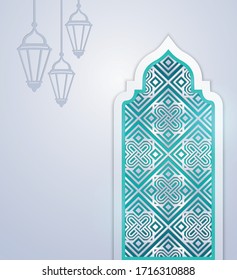 Arabic window paper cut, hanging lamp on white background. Creative design concept of Islamic celebration day Ramadan kareem or eid al fitr adha, hajj, hijri, mawlid, muharram. vector illustration.