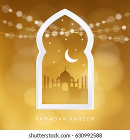Ventana árabe con la silueta de la mezquita, la luna, las estrellas y las luces de bokeh. Tarjeta de saludo, invitación a la comunidad musulmana mes sagrado Ramadán Kareem. Fondo de ilustración de vector dorado.