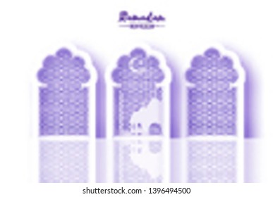 Arabic windows arch with white misque in paper cut style. Origami Ramadan Kareem greeting cards. Arabesque pattern. Crescent Moon. Holy month of muslim. Symbol of Islam. Purple.