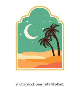 Arabic Windows and arches frame with crescent moon, stars, palm, desert. Ramadan Mubarak greeting cards with retro Boho design vector illustration.