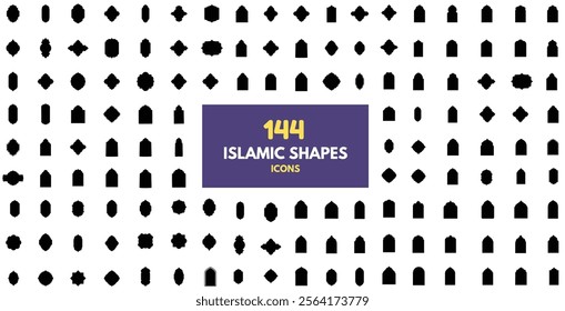 Arabic windows featuring a variety of arch shapes for mosques۔  Set of black silhouette Eid Mubarak decorative arches, mosque window frames, Arabic Muslim architecture design elements, Ramadan frames۔