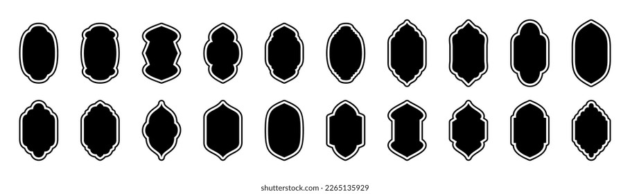 Arabic windows frames. Traditional islamic design illustration for brochure, book or greeting card template. Mosque gate. Muslim shape arch.