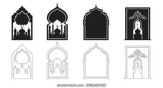 Arabic Windows Icon Set Islamic Arabic of Islamic Mosque Minaret Silhouette, Illustration for text box Collection