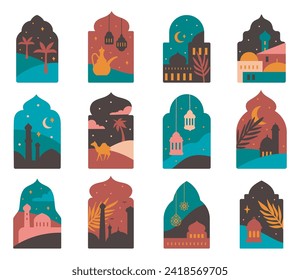 Arabic windows with mosque, desert, moon, serenity scene flat style illustration, ramadan design element, eid al fitr greeting card decoration