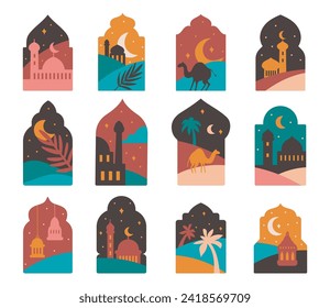 Arabic windows with mosque, desert, moon, serenity scene flat style illustration, ramadan design element, eid al fitr greeting card decoration