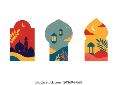 Arabic windows with mosque desert moon with retro Boho design flat style illustration ramadan design element