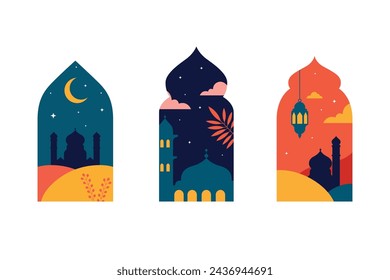 Arabic windows with mosque desert moon with retro Boho design flat style illustration ramadan design element