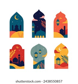 Arabic windows with mosque desert moon with retro Boho design flat style illustration ramadan design element