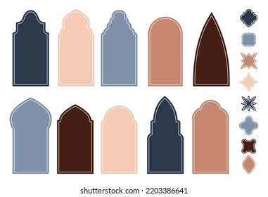 Arabic windows template, oriental design arch and decor. Islamic silhouettes doors design. Boho style shields, shapes mosque dome, decent architecture vector set