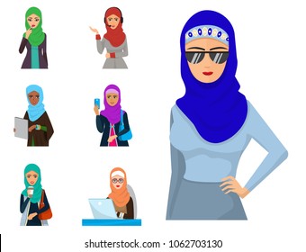 Arabic woman adult character Arabian Asia nationality islamic girl face in hijab vector illustration