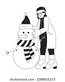 Arabic woman building snowman xmas black and white 2D cartoon character. Middle eastern lady holding winter spirit isolated vector outline person. New years eve monochromatic flat spot illustration