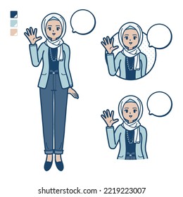 An arabic woman in casual fashion with greeting images.It's vector art so it's easy to edit.