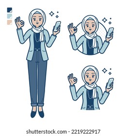 An arabic woman in casual fashion with Holding a smartphone and doing an OK sign images.It's vector art so it's easy to edit.
