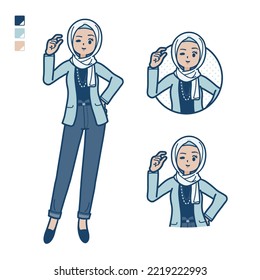 An arabic woman in casual fashion with Just a bit Hand sign images.It's vector art so it's easy to edit.