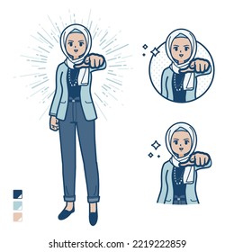 An arabic woman in casual fashion with Pointing to the front images.It's vector art so it's easy to edit.