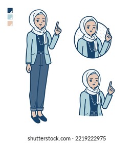 An arabic woman in casual fashion with pointing hand sign images.It's vector art so it's easy to edit.