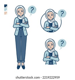 An arabic woman in casual fashion with Question images.It's vector art so it's easy to edit.