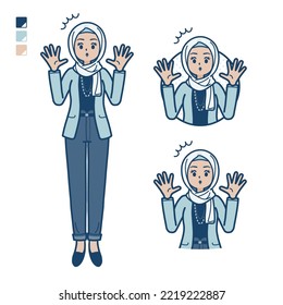 An arabic woman in casual fashion with surprised images.It's vector art so it's easy to edit.