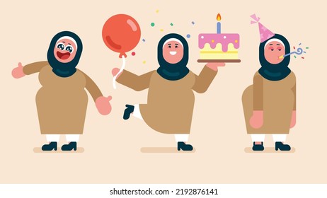 Arabic Woman Character. Different Poses And Emotions, Female Wears Hijab,islamic House Wife Celebrates Her Birthday, Preparing A Cake With Balloon And Candle, Feeling Bored In Party, Flat Avatar 