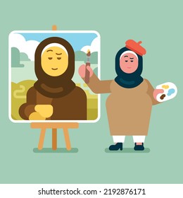 Arabic woman character painting himself as a luxury painting, islamic artist House wife wear red painter hat, and carry palette and paint brushes, making art, Flat avatar vector illustration