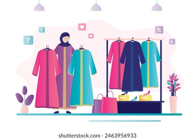 Arabic woman chooses new abaya in store. Different traditional clothes on hangers. Muslim female character chooses clothes in fashion boutique. Arab girl shopping in women clothing store. flat vector