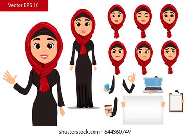 Arabic woman construction set. Cute cartoon character with various face expressions and things. Stock vector