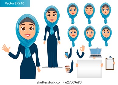 Arabic woman constructor set. Cute businesswoman cartoon character with various face expressions and different things. Stock vector