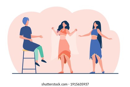 Arabic woman dancing with veil in front of man. Dress, sultan, dancer flat vector illustration. Tradition and entertainment concept for banner, website design or landing web page