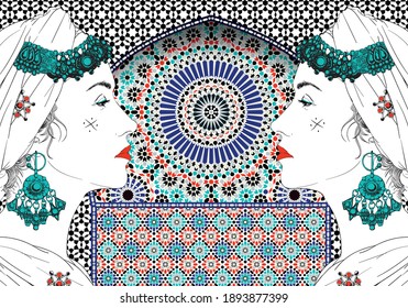 Arabic woman face mosaic vector illustration. red blue and green colors
