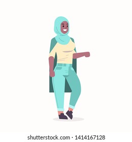 Arabic woman in hijab.  African muslim girl wearing headscarf and clothes.   Arabian female cartoon character in full length standing pose, flat.