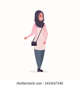 arabic woman in hijab arab girl wearing headscarf traditional clothes standing pose arabian female cartoon character with handbag full length flat